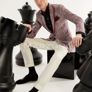 Burgundy Jacquard Formal Dinner Jacket with Ivory Trousers
