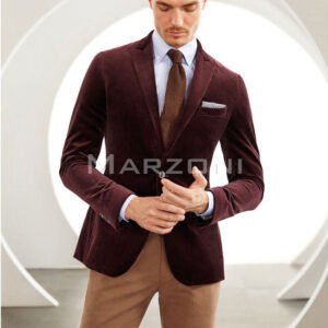 Dark Burgundy Cotton Velvet Jacket with Brown Cotton Stretch Trousers