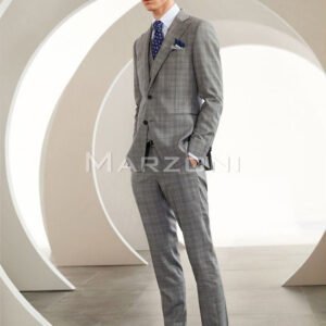 Super 150s Light Grey Check Three-Piece Made-to-Measure Wool Suit