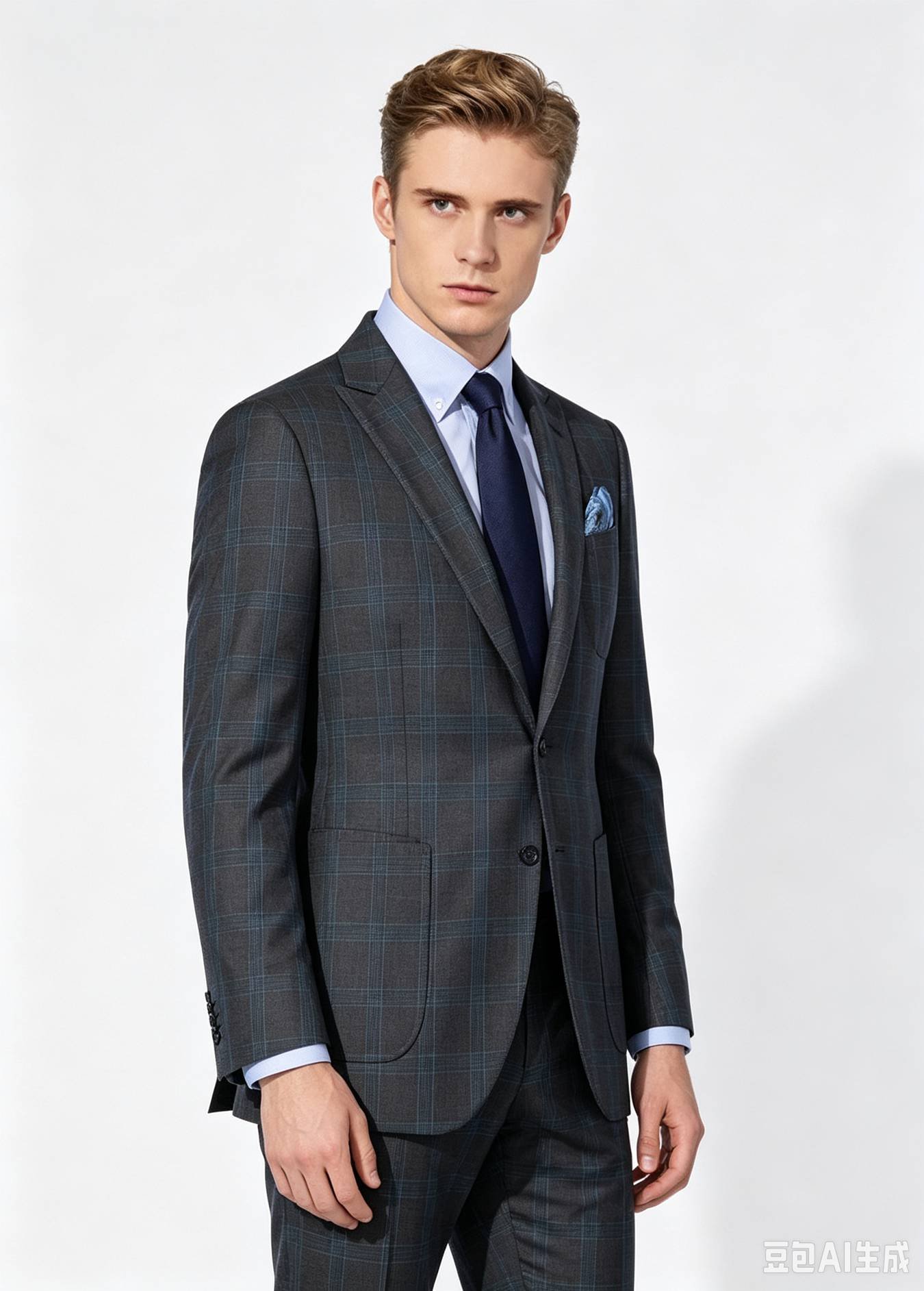 Grey Blue Plaid Wool Two-Piece Made-to-Measure Suit - Image 4