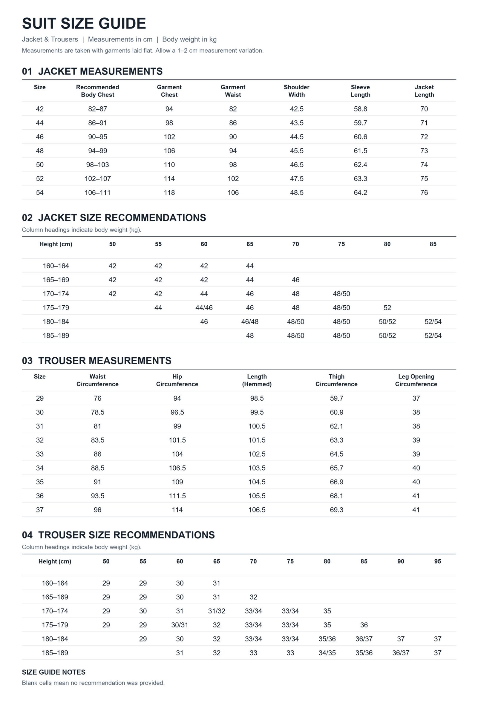 Suit size reference chart with jacket and trouser measurements in centimetres