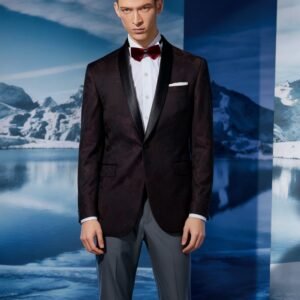 Burgundy jacquard two-piece made-to-measure wool tuxedo front view