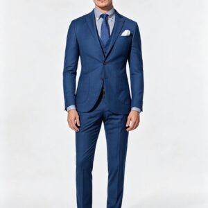 Super 150s blue check three-piece made-to-measure wool suit front view