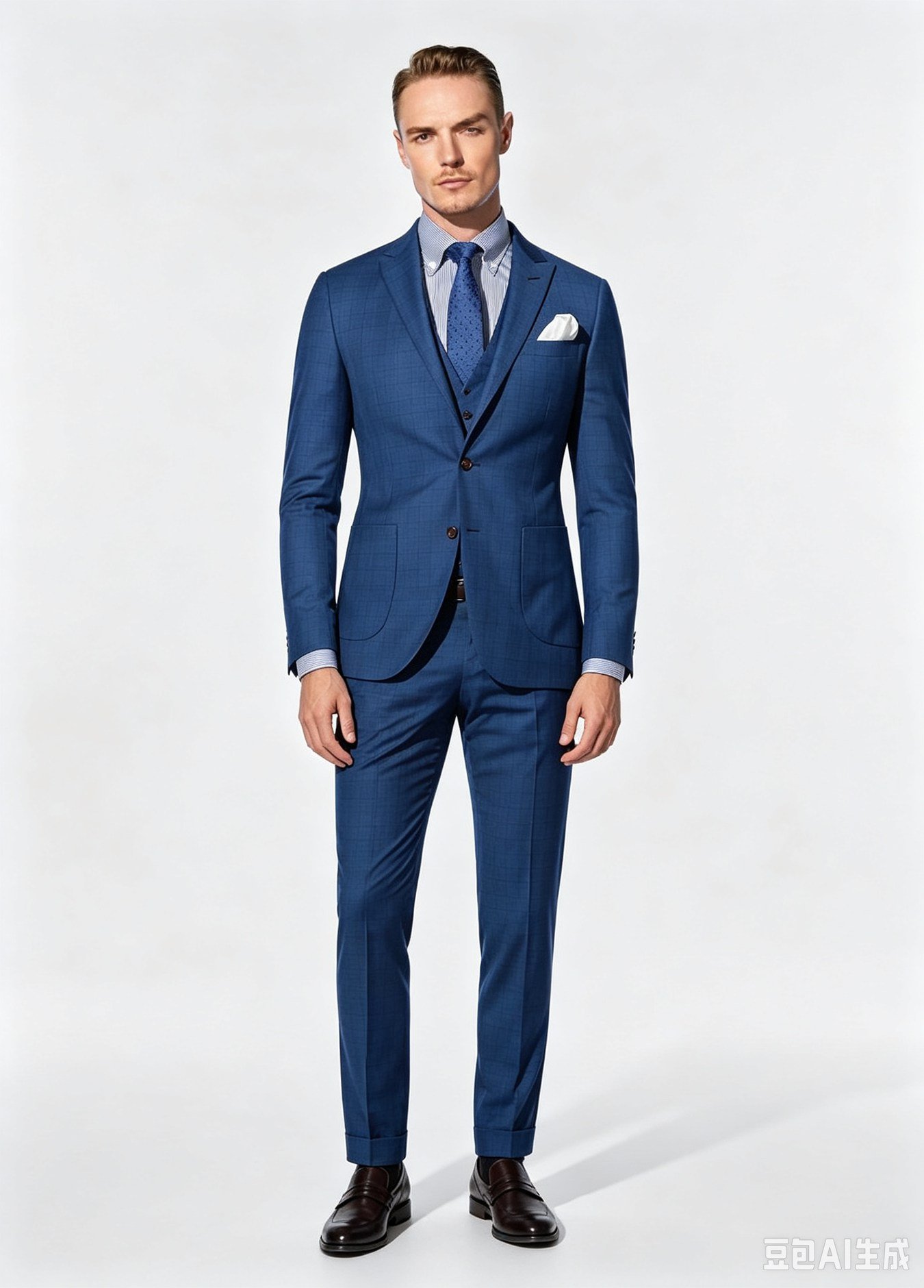 Super 150s blue check three-piece made-to-measure wool suit front view