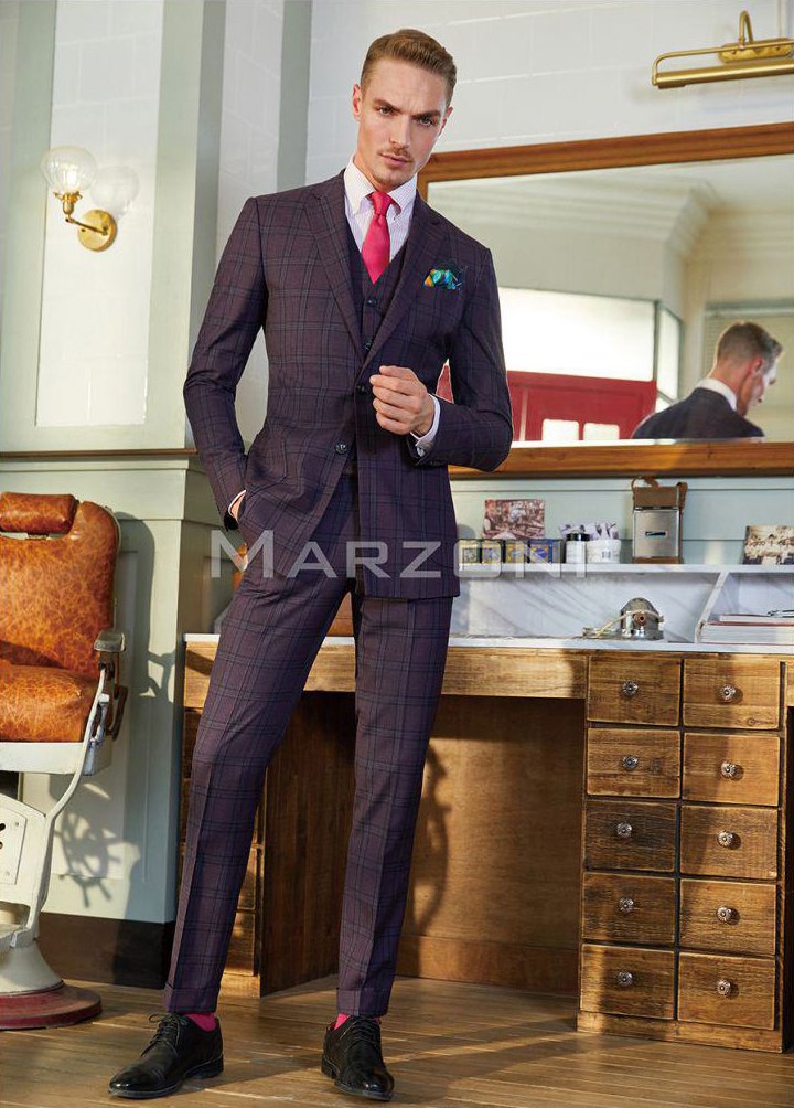 Purple Check Three-Piece Made-to-Measure Wool Suit - Image 3