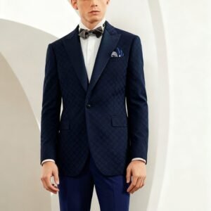 Navy jacquard two-piece made-to-measure wool tuxedo full-body front view