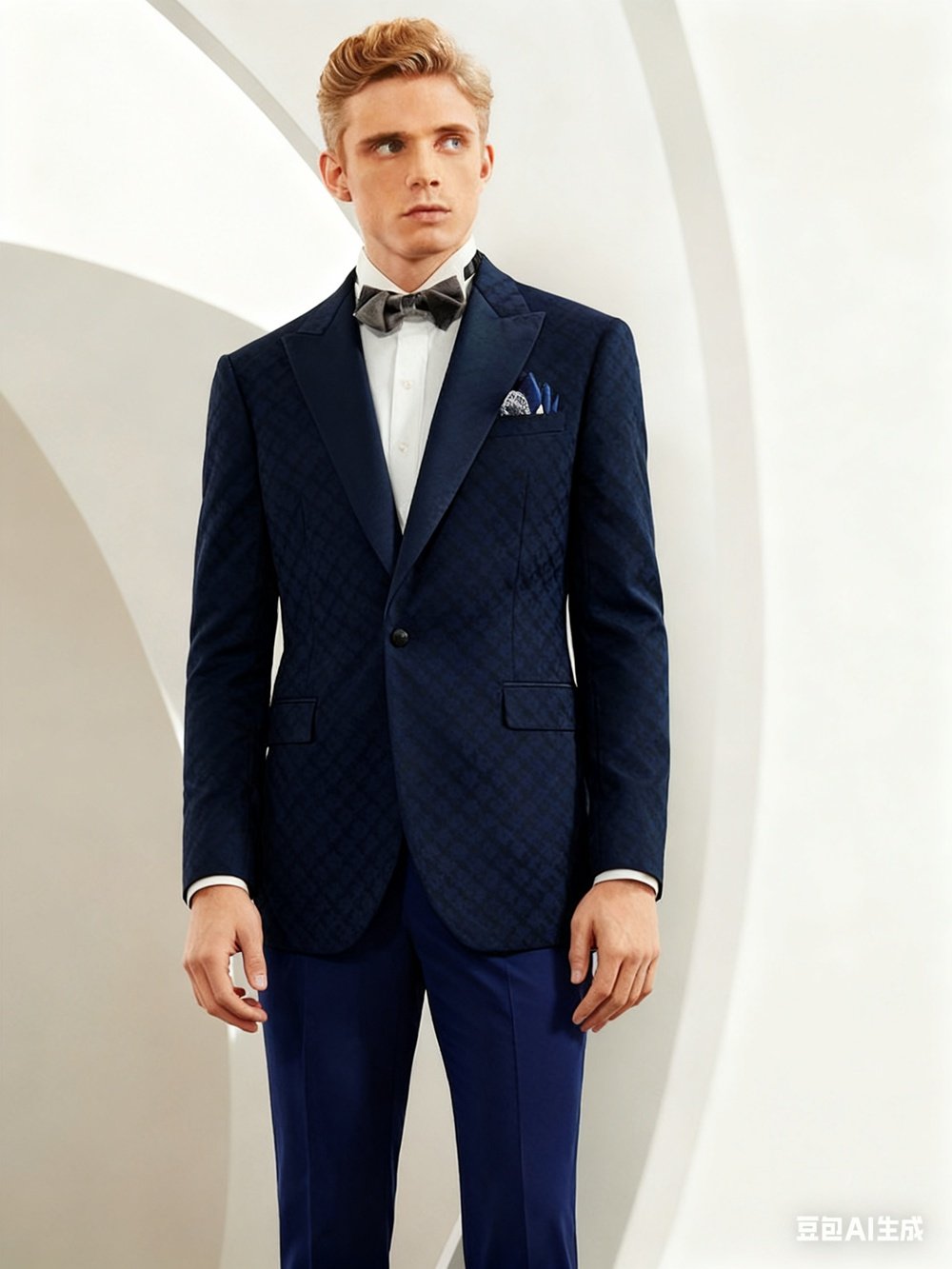 Navy jacquard two-piece made-to-measure wool tuxedo full-body front view